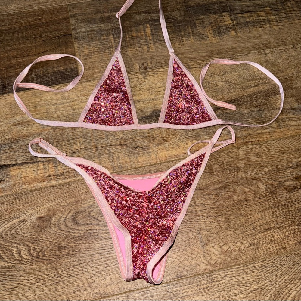 HANDMADE ADJUSTABLE one Size string micro bikini light pink sequin scrunch butt